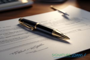 A pen on a loan document, representing a signature loan