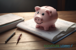 A piggy bank with a signature loan document, representing the cost-effectiveness of signature loans. Signature Loans in Hawaii.